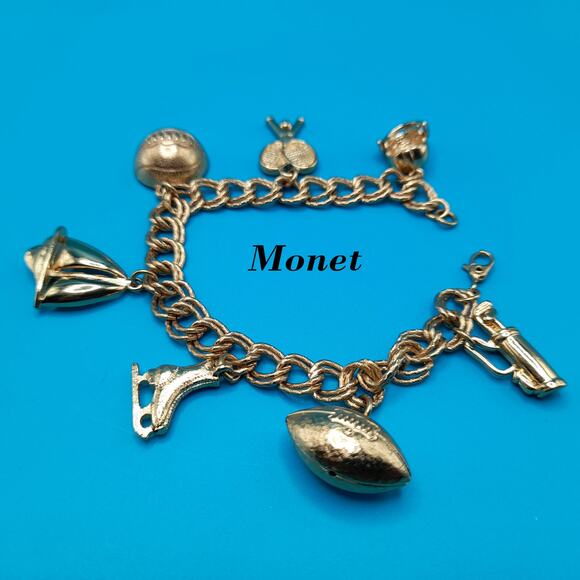 Vintage Monet Sports Theme Charm Bracelet, Football, Golf, Tennis, 7 Inches - Picture 1 of 13